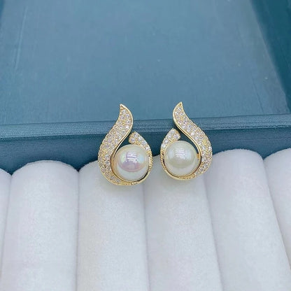 Crystal Flame Pearl Stud Earrings for Women Gold Korean Style Jewelry