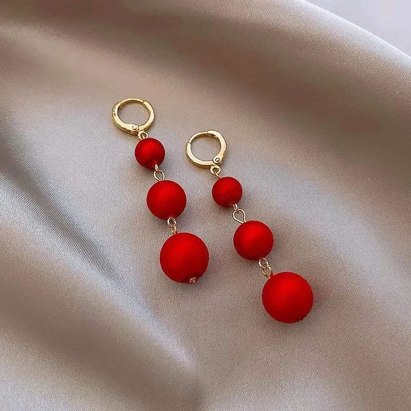 Elegant Red & White Pearl Drop Earrings Imitation Beads Women