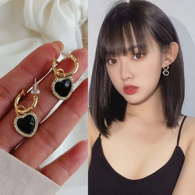 Black Heart Rhinestone Dangle Earrings Women Elegant Jewelry