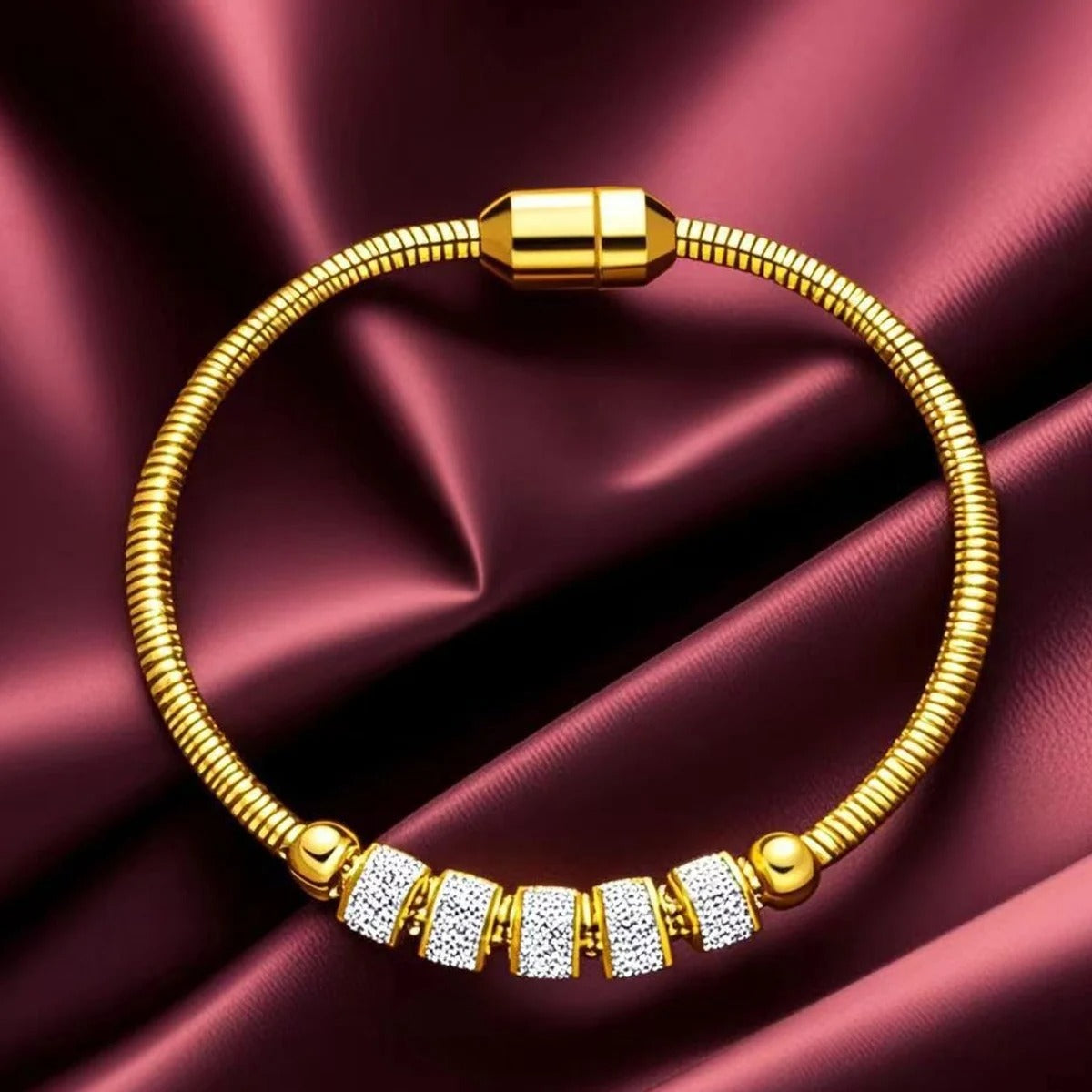 Stainless Steel Gold Color Rhinestone Beaded Bracelet For Women Fashion Ladies Magnet Clasp Bangles Jewelry