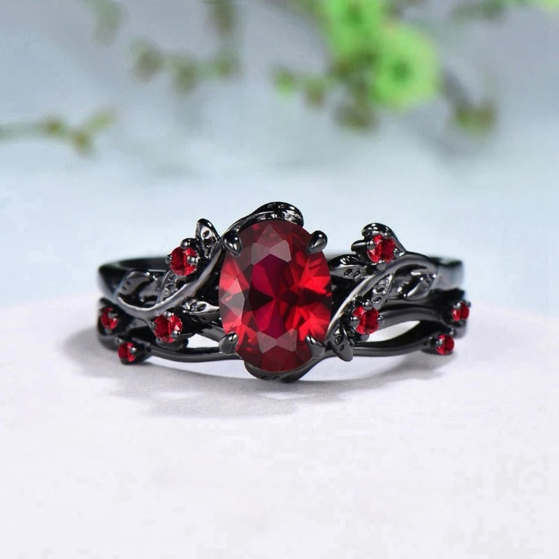 Retro Gun Black Rose Branch Rings Set for Women Wedding Jewelry
