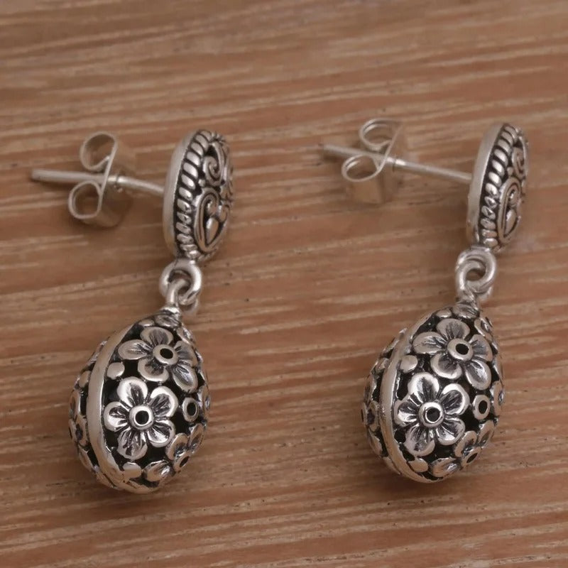 Silver Color Bohemian Earrings Drop-shaped Carved Flowers Dangle Earrings Women Party Wear Jewelry