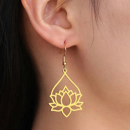 Hollow Lotus Drop Earrings Women Stainless Steel Yoga Jewelry