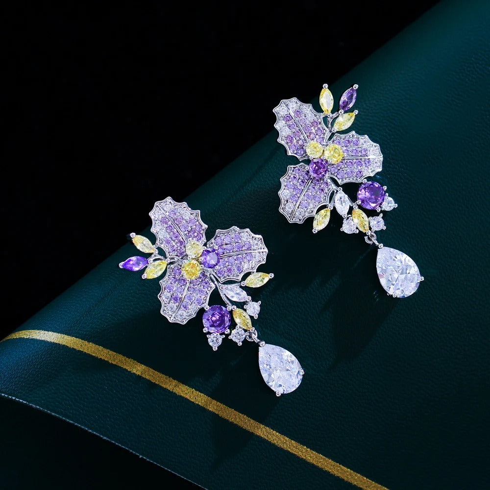 Purple Cubic Zircon Flower Leaf Drop Earrings Women Bridal