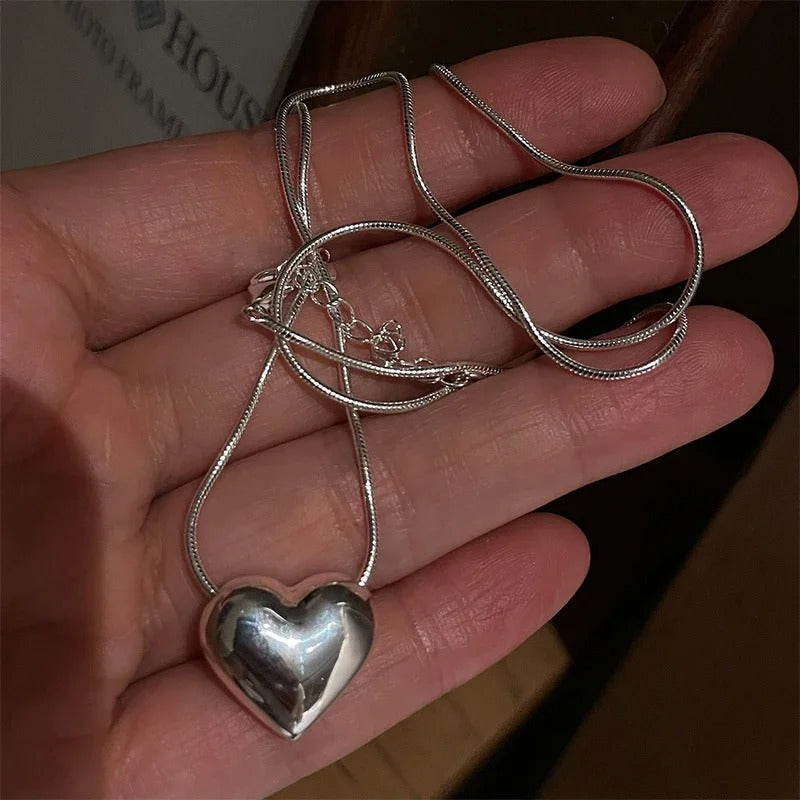 Trendy 925 Sterling Silver Retro Big Small Heart Chokers Necklace for Women Fine Jewelry Romantic Gifts