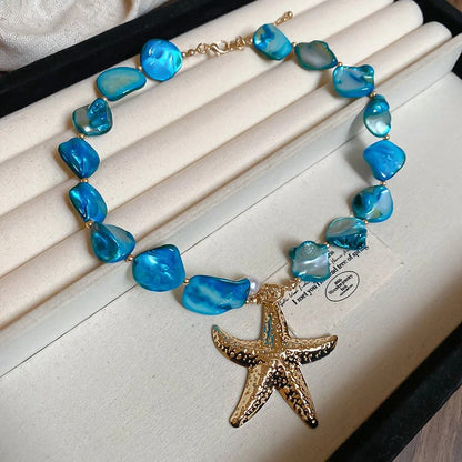 Vintage Irregular Starfish Shell Pearl Pendant Necklace for Women Beach Pearl Vacation Style Charm Jewelry Wedding Gifts