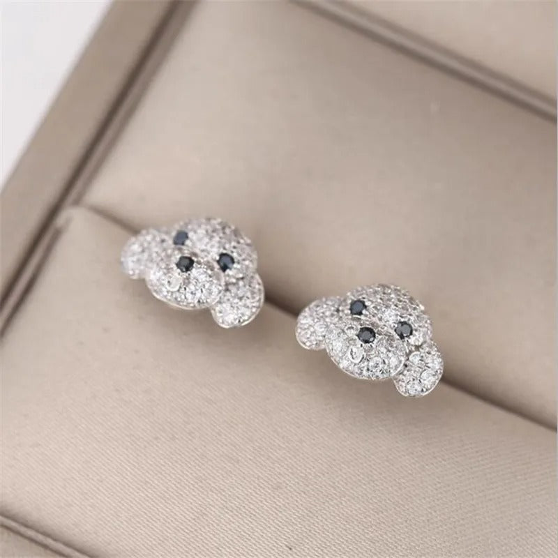 New Full Crystal Dog Stud Earrings 925 Sterling Silver Women