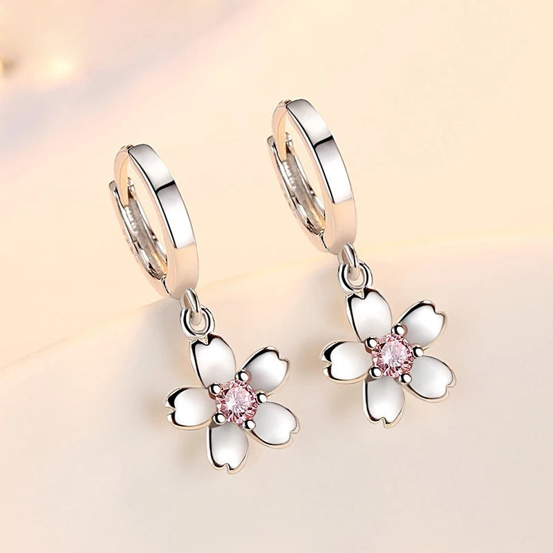 925 Sterling Silver Cherry Blossom Earrings Women Pink White Zircon