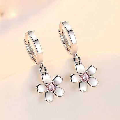 925 Sterling Silver Cherry Blossom Earrings Women Pink White Zircon