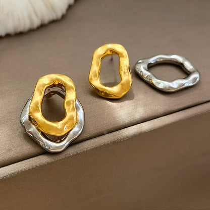 Women’s Bicolor Gold Silver Circle Earrings Hammered Geometric Design