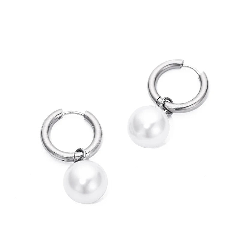 Women Round White Pearl Hoop Earrings Elegant Drop Dangle Jewelry