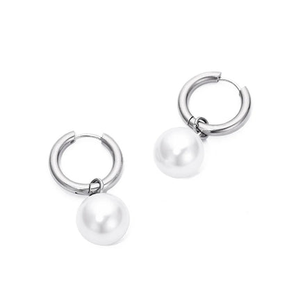 Women Round White Pearl Hoop Earrings Elegant Drop Dangle Jewelry