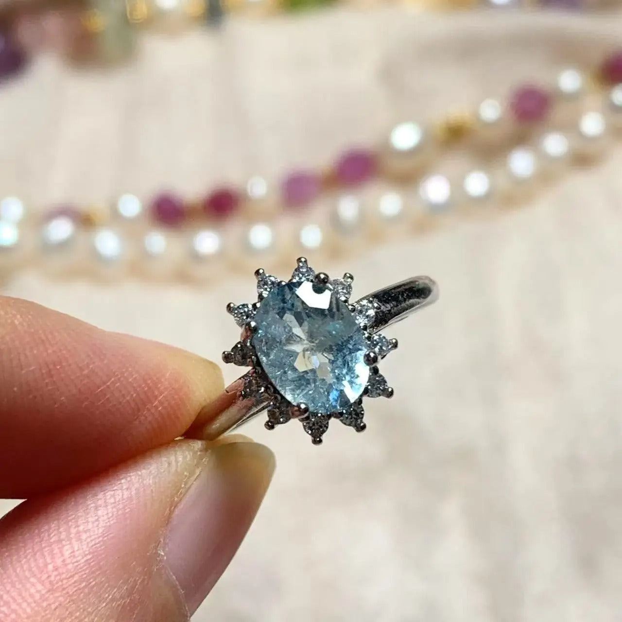 Vintage Aquamarine Ring Women Stainless Steel Classic Jewelry