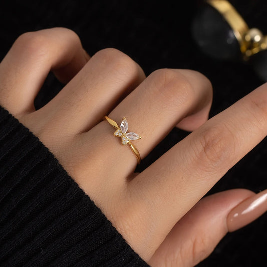Sterling Silver 18k Gold Plating Twisted Cubic Zirconia Butterfly Ring For Women Trend Fine Jewelry