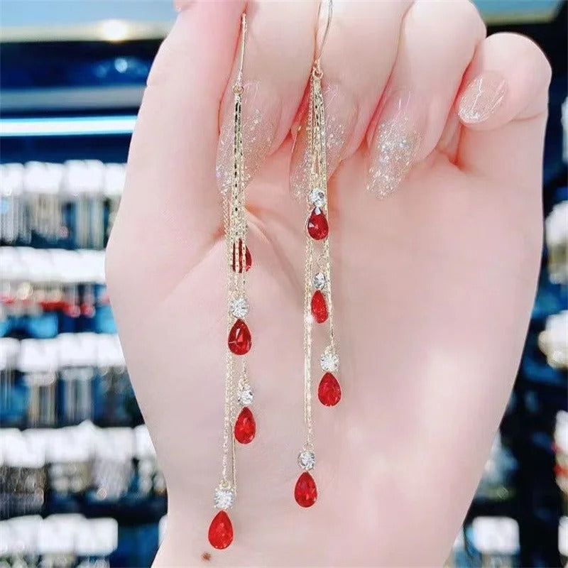 Luxury Temperament Green Zircon Drop Earrings For Women Fashion Long Tassel Rhinestone Earring Wedding Party Jewelry