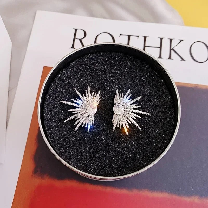 New Silver Big Plant Stud Earrings with Zircon for Women Korean Fashion
