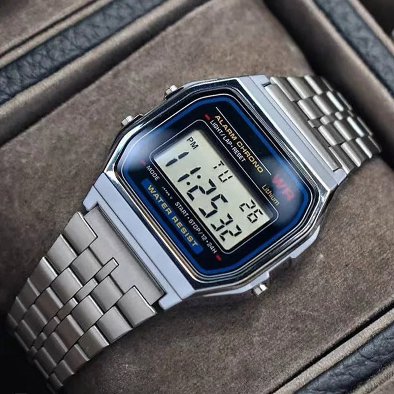 Luxury Gold & Silver Retro LED Digital Watch – Unisex Sports Military Wristwatch with Steel Band