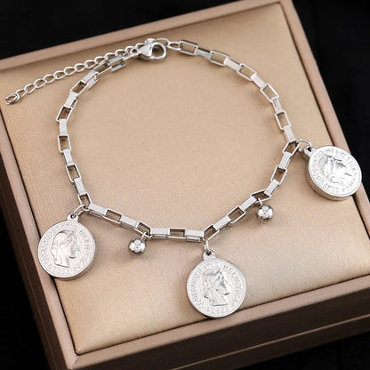 Stainless Steel Queen Coin Pendant Bracelet Women Jewelry Gift