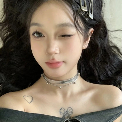 Silver Cyberpunk Choker Necklace Double Layer Hip Hop Jewelry