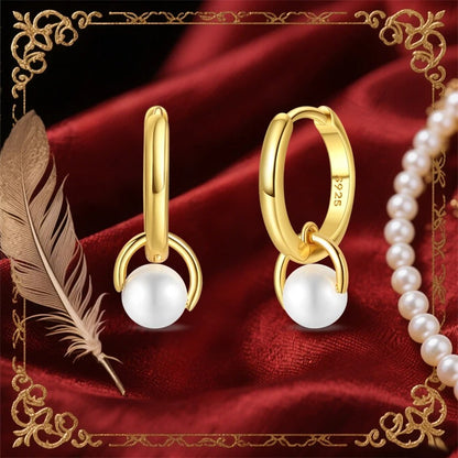 Women’s Golden Pearl Hoop Earrings 925 Sterling Silver Jewelry