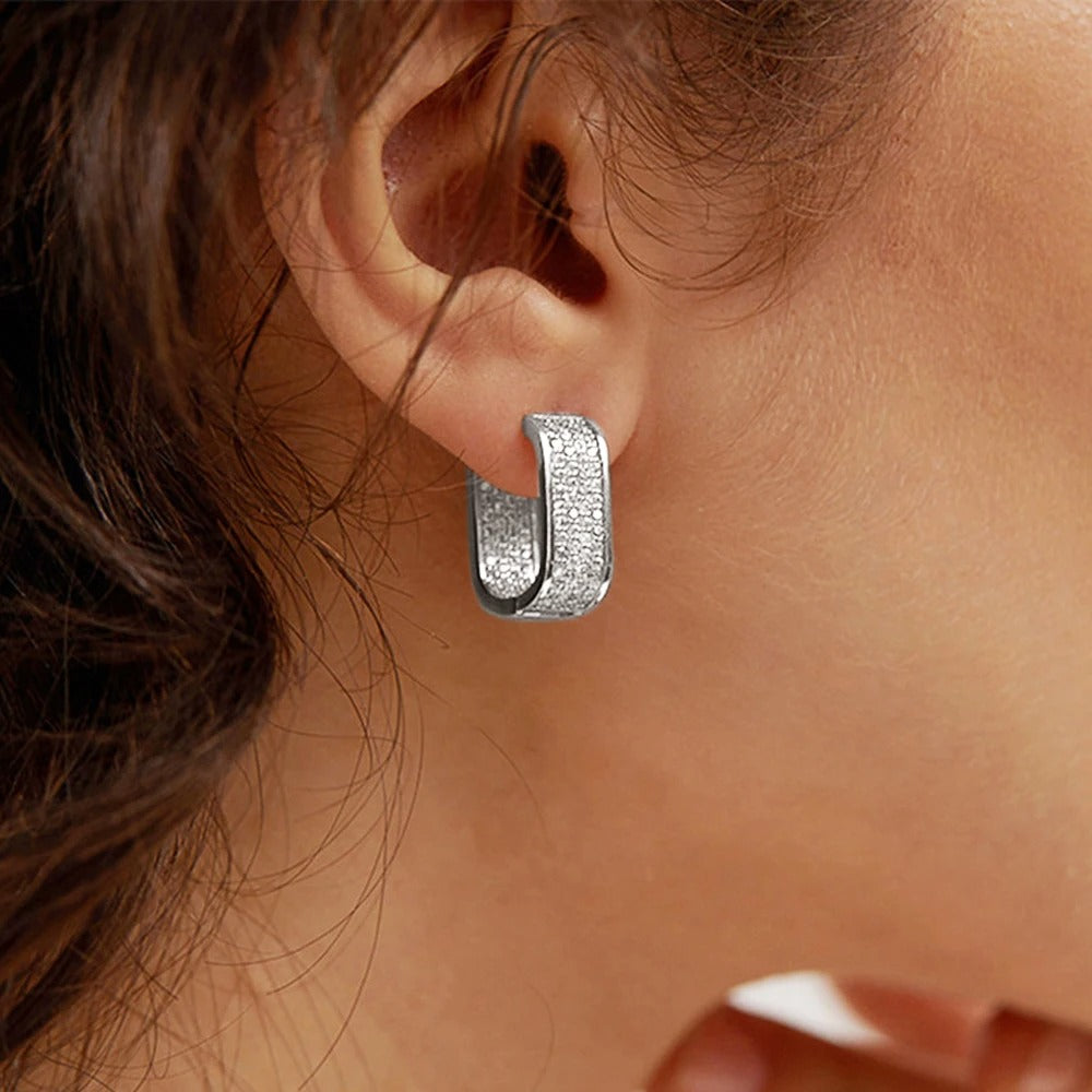 Women’s CZ Paved Hoop Earrings Metal Silver Gold Versatile Jewelry
