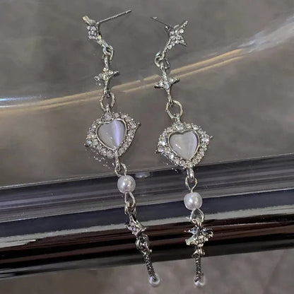 Y2K Korean Star Tassel Heart Opal Thread Earrings Women