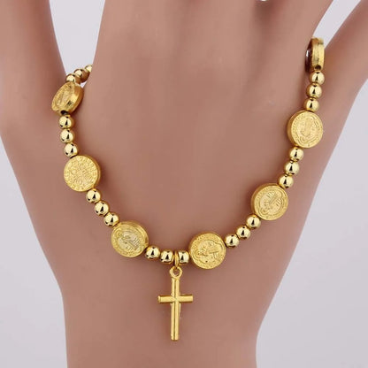 Gold Plated Saint Benedict Beads Cross Bracelet for Men & Women