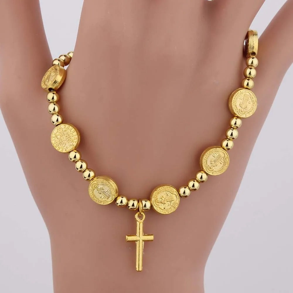 Gold Plated Saint Benedict Round Beads Cross Pendant Bracelet Women Men Religious Catholic Christian Jewelry Accessories Gifts