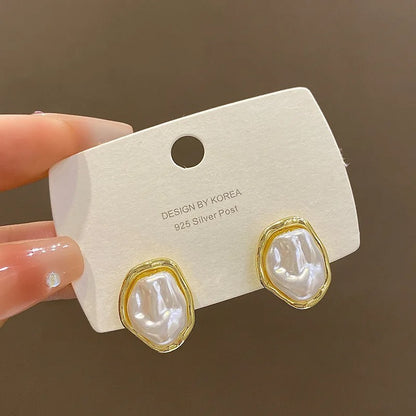 Women White Oval Stud Earrings Gold Color Irregular Statement Jewelry