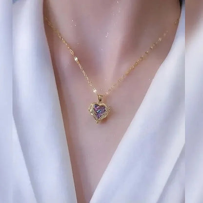 Luxury Colorful Crystal Ocean Heart Pendant Necklace For Women Fashion Stainless Steel Neck Chain Female Wedding Jewelry