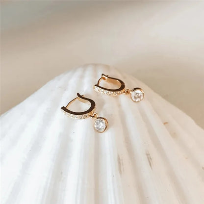 Simple Gold Drop Earrings Women Round CZ Charm Jewelry