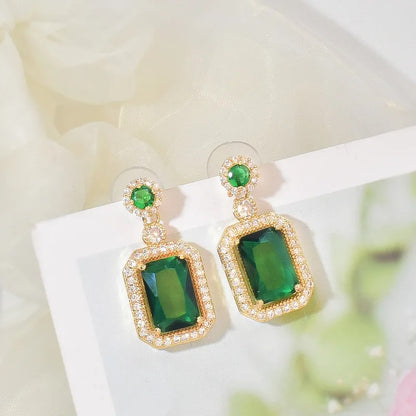 Elegant Green Crystal Drop Earrings Women Round & Square Dangle