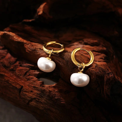 Imitation Pearl Drop Hoop Earrings Gold Stainless Steel Women