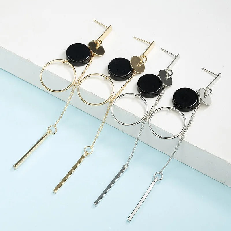 Trendy Long Tassel Drop Earrings Black Acrylic Metal Circle for Women