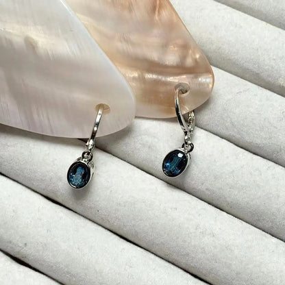 Vintage Natural Blue Topaz Hoop Earrings Simple Classic Round Circle Gemstone Jewelry