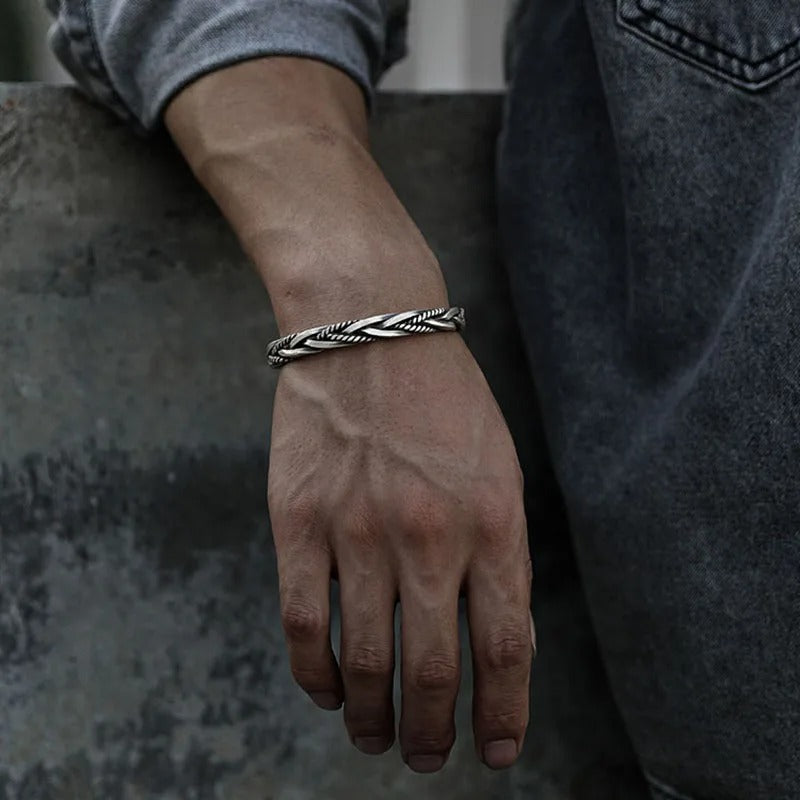 925 Sterling Silver Twisted Woven Bracelet Handmade Retro Cuff
