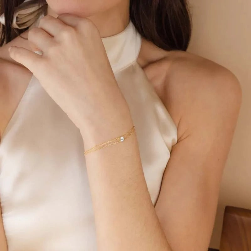 Gold Zircon Double Layer Bracelet for Women Thin Chain Charm Jewelry