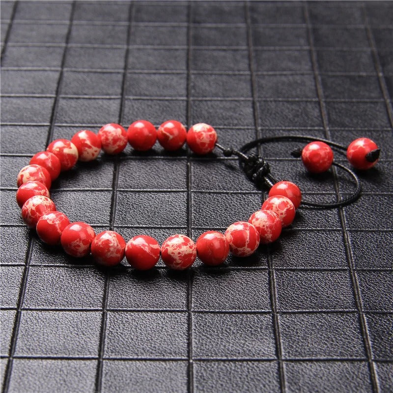 Adjustable Red Stone Bead Bracelet Braided Rope Jewelry for Women
