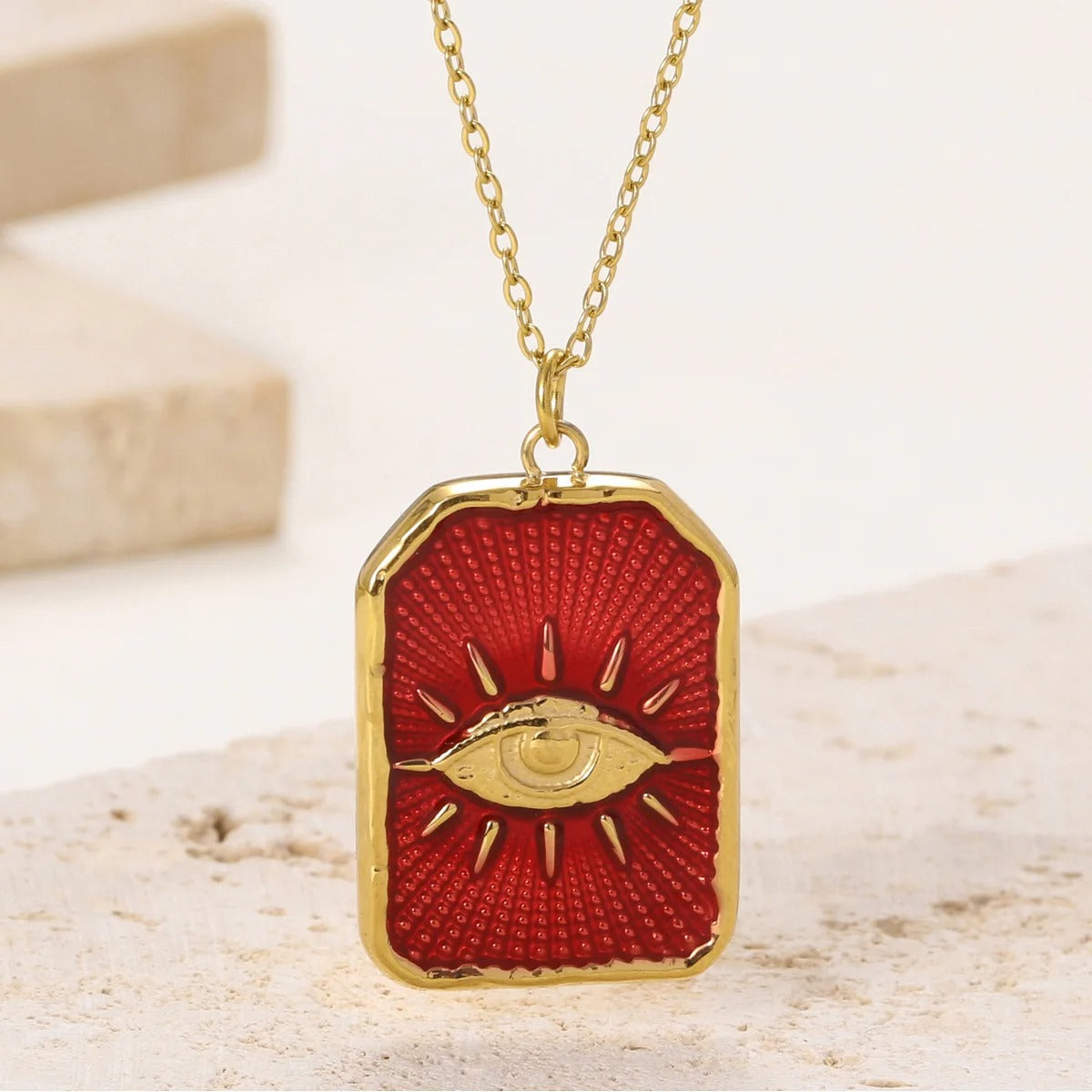 Stainless Steel Square Red Enamel Evil Eye Charm Necklace Waterproof 14K Gold Color Pendant Choker Jewelry For Women Daily Wear