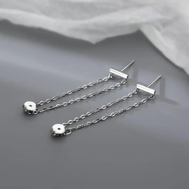 Minimalist Double Chain Tassel Earrings Sterling Silver Jewelry