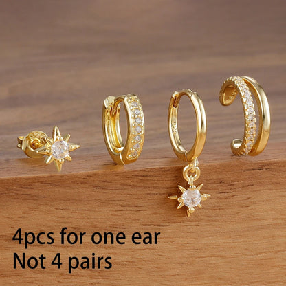 4-Pc 18K Gold Plated Cubic Zirconia Flower Hoop Earrings for Women