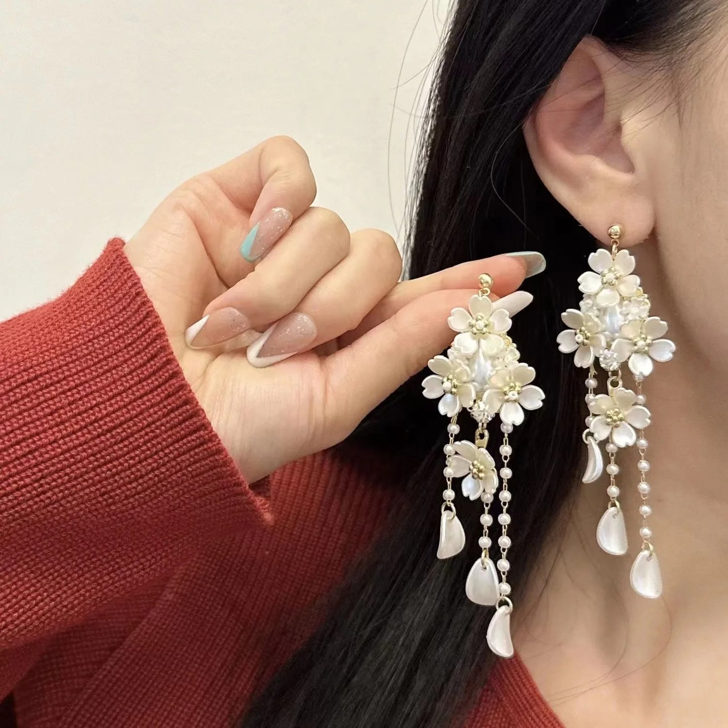 French Tassel Flower Drop Earrings Women Bridal Wedding Jewelry