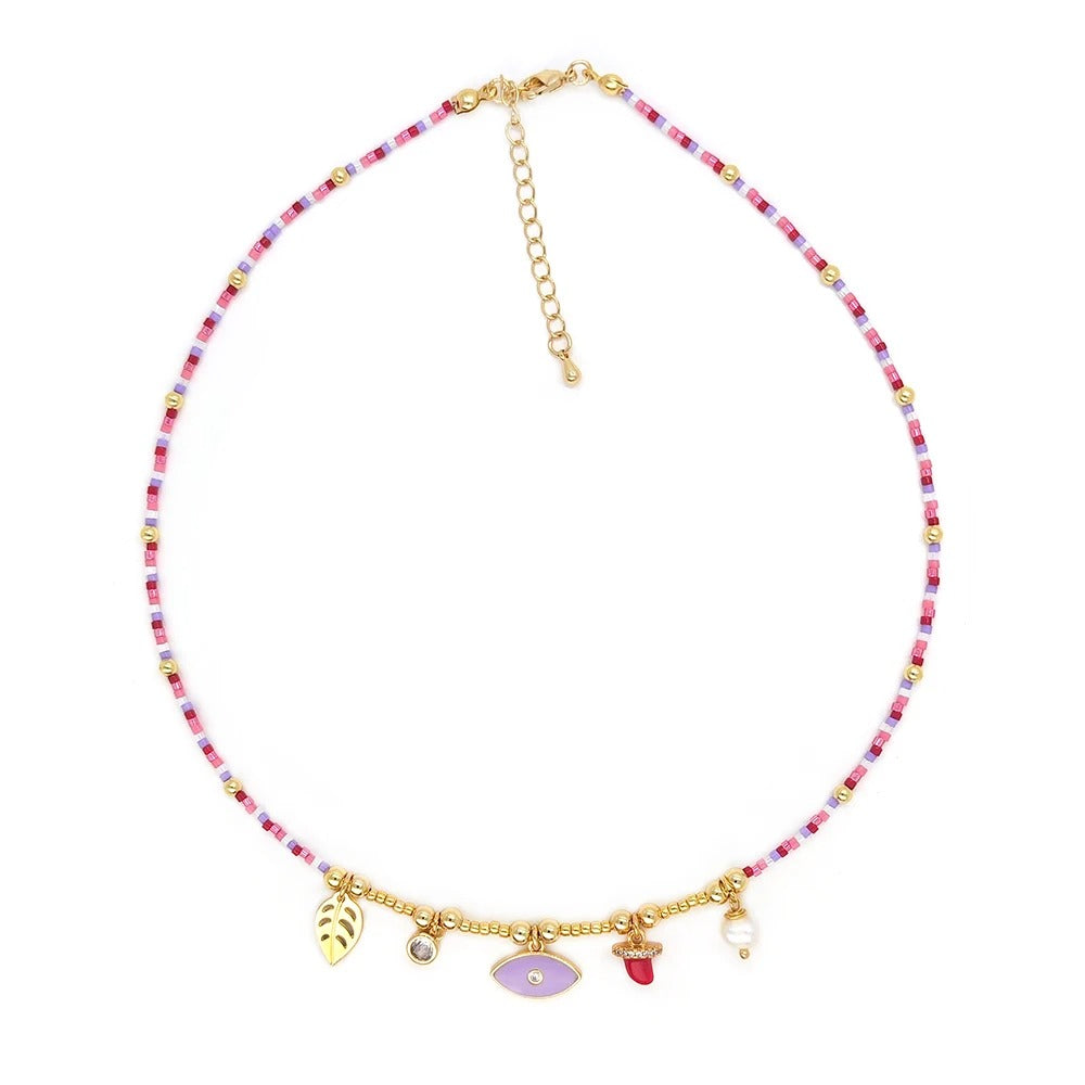 Leaf Pearl & Evil Eye Choker Boho Miyuki Bead Necklace for Women