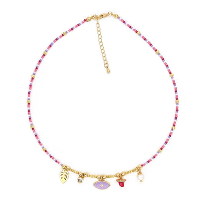 Leaf Pearl & Evil Eye Choker Boho Miyuki Bead Necklace for Women