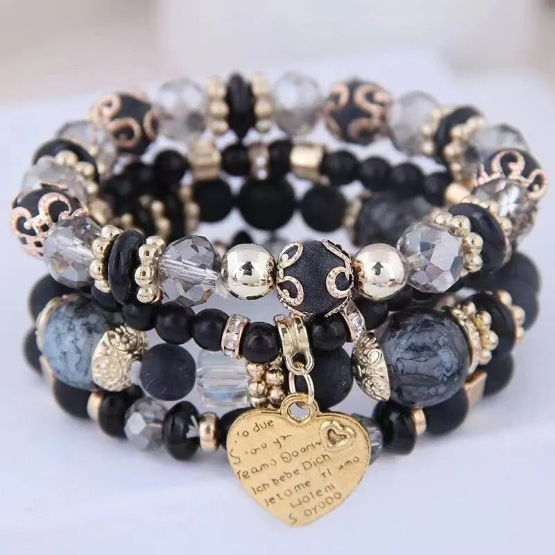 Women’s 4PCS Crystal Beads Bracelets Heart Letter Elastic Bangles Gift