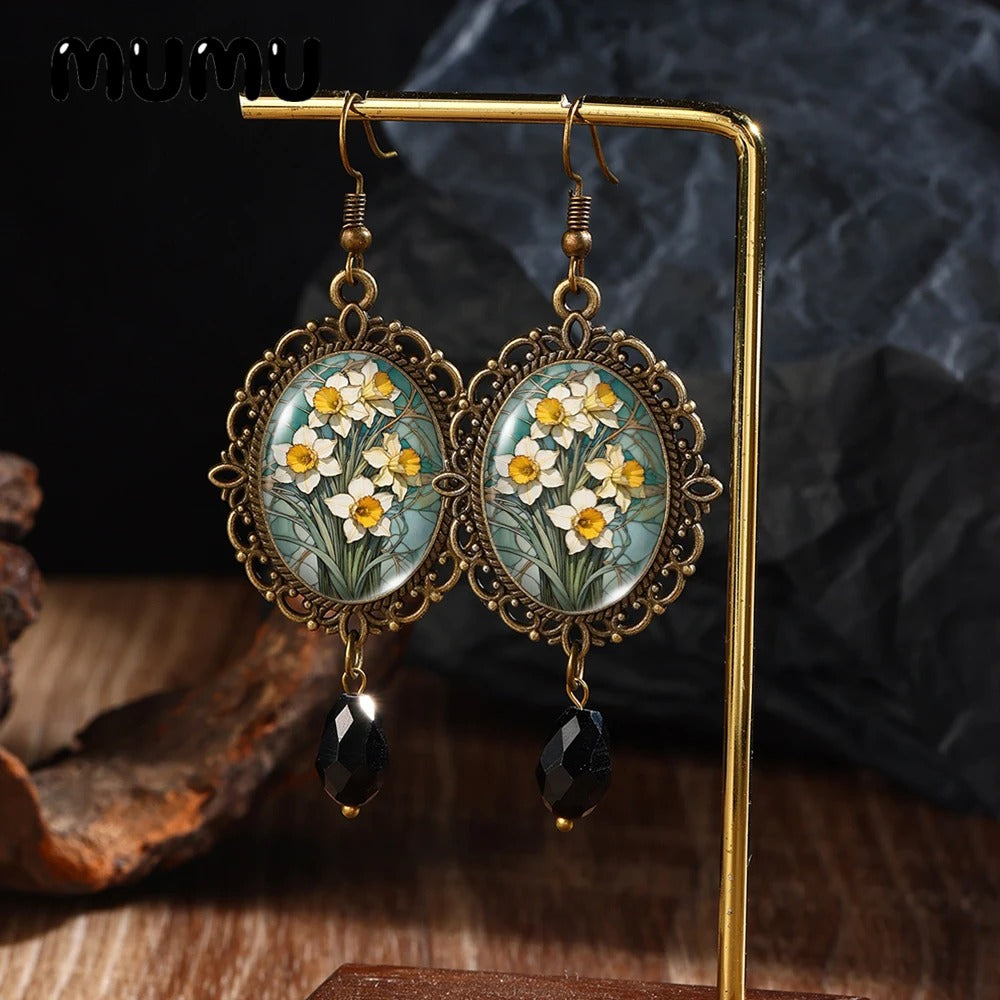 Daffodil Flower Retro Lace Earrings Handmade Glass Dome Jewelry