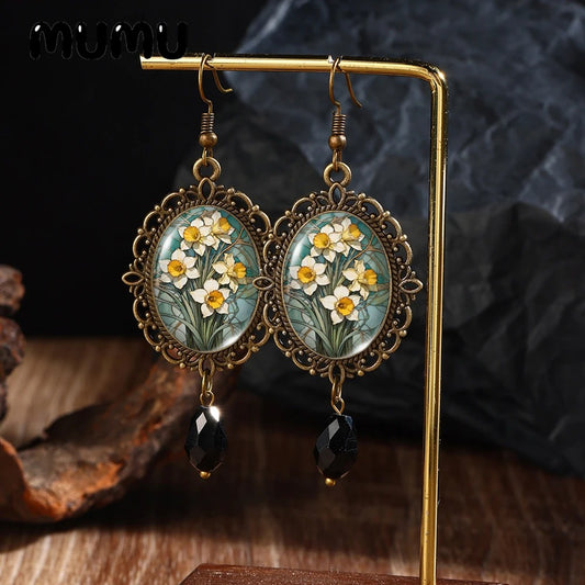 Daffodil Flower Retro Lace Earrings Handmade Glass Dome Jewelry