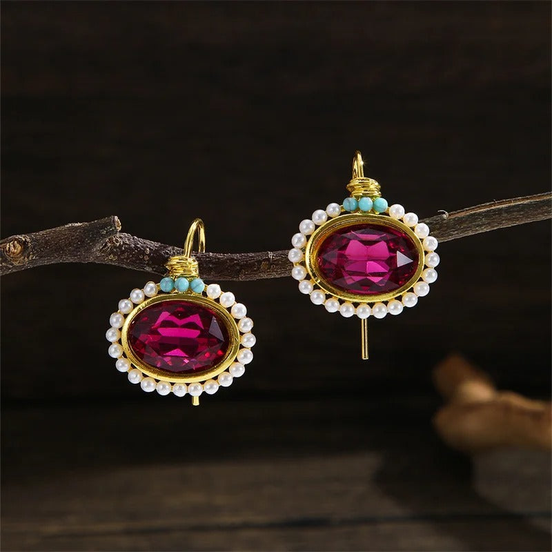 Oval Red Stone Earrings for Women Gold Metal Pearl Dangle Jewelry