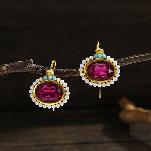 Oval Red Stone Earrings for Women Gold Metal Pearl Dangle Jewelry