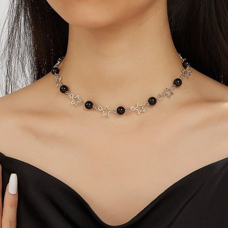 Fashion Double Layered Black Bead Star Choker Necklace Punk Pentagram Leather Rope Necklaces For Women Girls